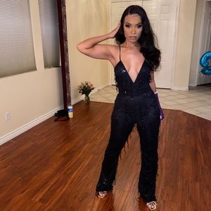 Black Sequin Plunge Satin Waist Jumpsuit